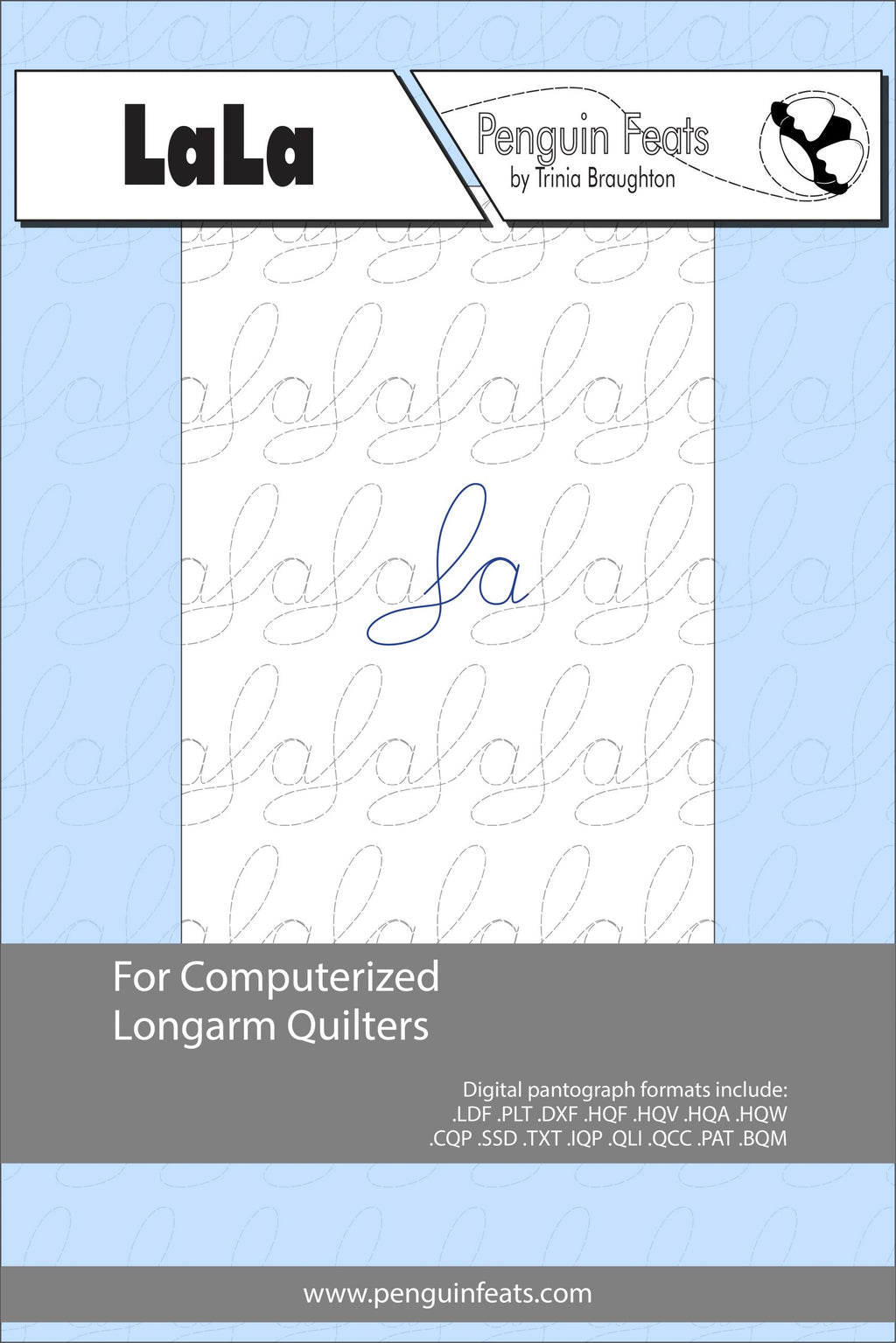 LaLa design sheet for computerized longarm quilters with branding and product details.