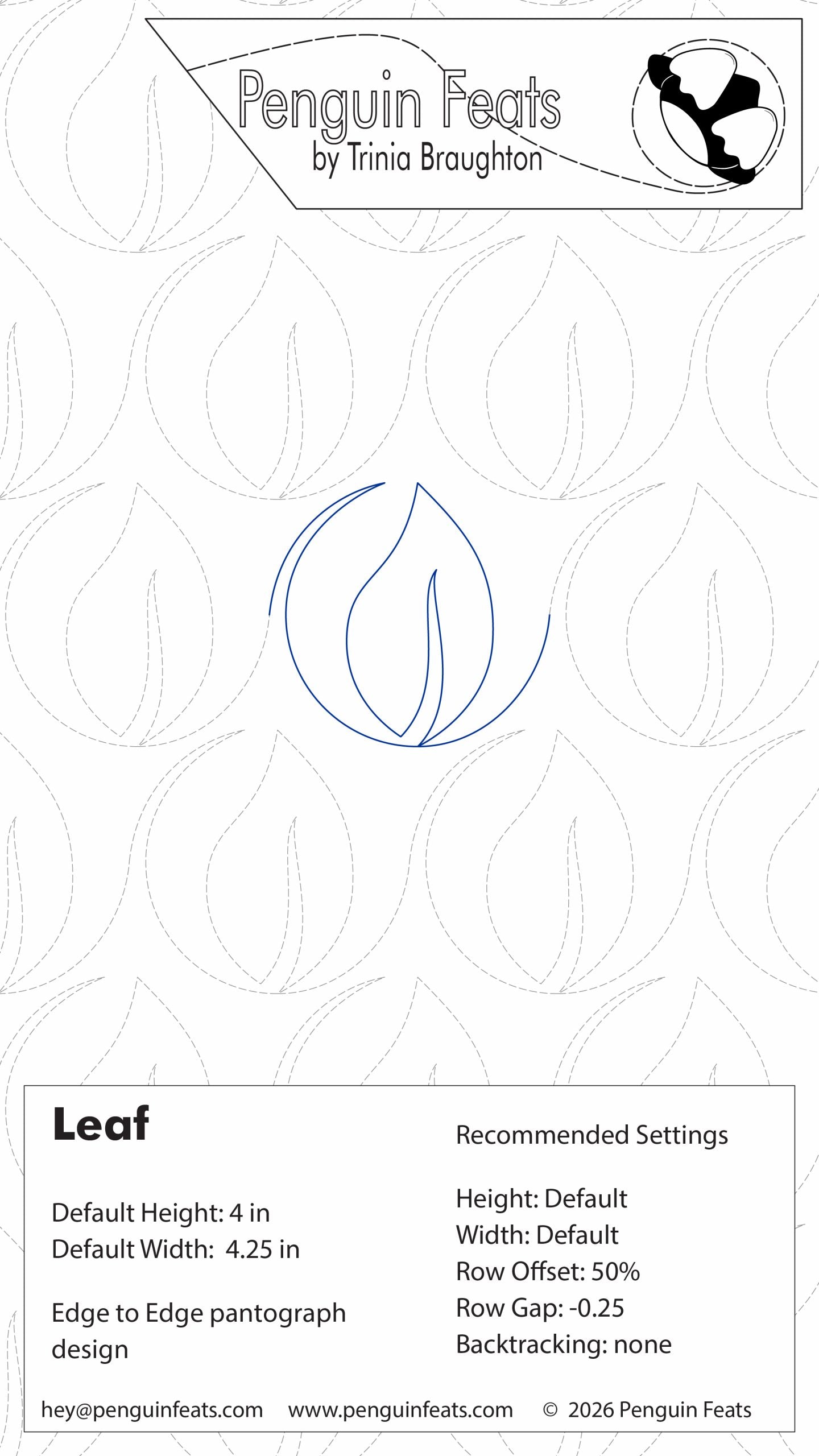 Design sheet for a leaf with guidelines and Penguin Feats by Trinia Braughton branding at the top.