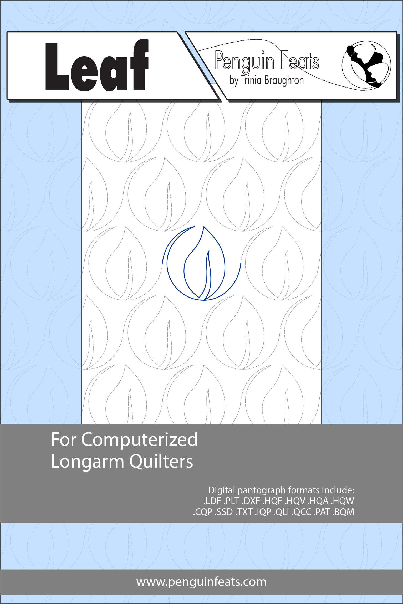 Design paper for computerized longarm quilters with 'Leaf' branding and pattern on a light blue background.