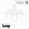 longarm quilting design of continuous line flower repeated with 'Penguin Feats' branding and 'Leap' text on a white background.
