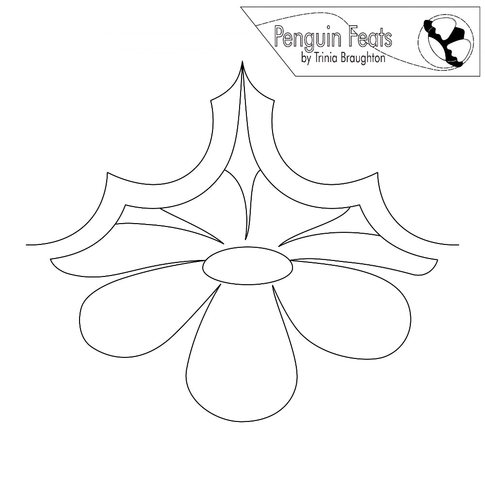 Black continuous line design of flower  with 'Penguin Feats' branding at the top.