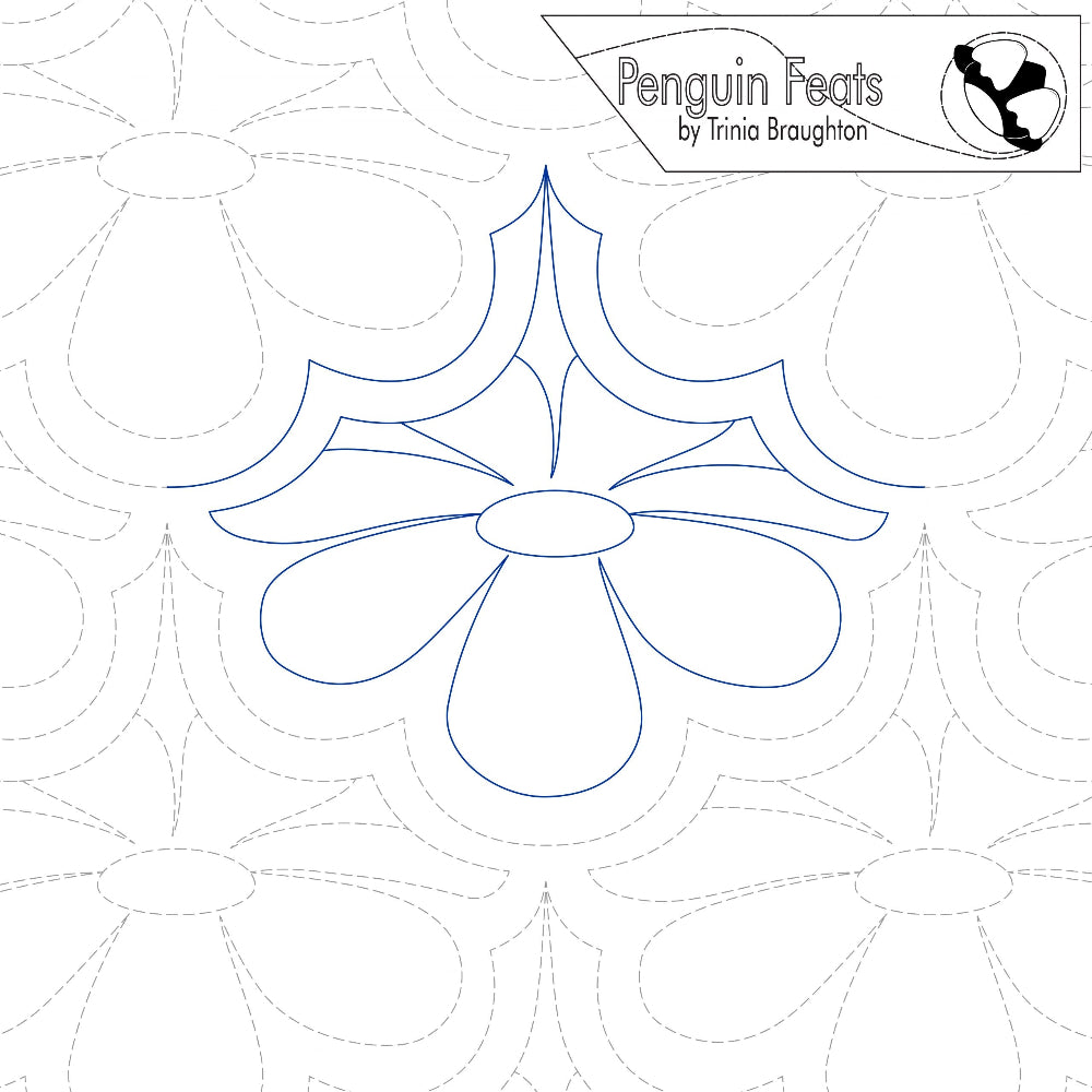 Quilting design with floral pattern and 'Penguin Feats' branding