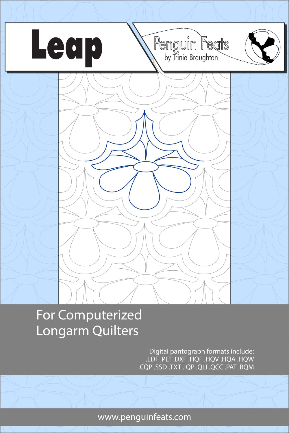 Longarm Quilting design pattern with 'Leap' branding on a light blue background