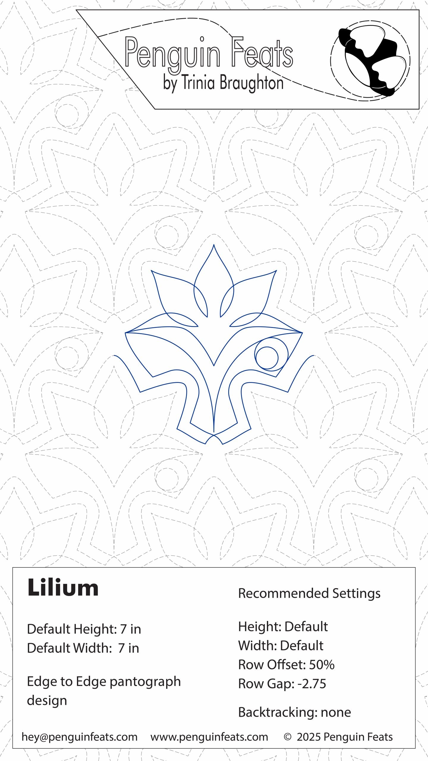 Design settings for 'Lilium' pattern by Penguin Feats with geometric design and branding information.