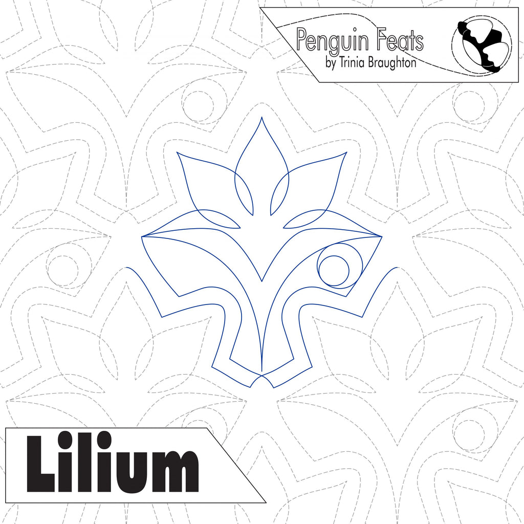 Design of a flower-like shape with 'Lilium' branding on a patterned background