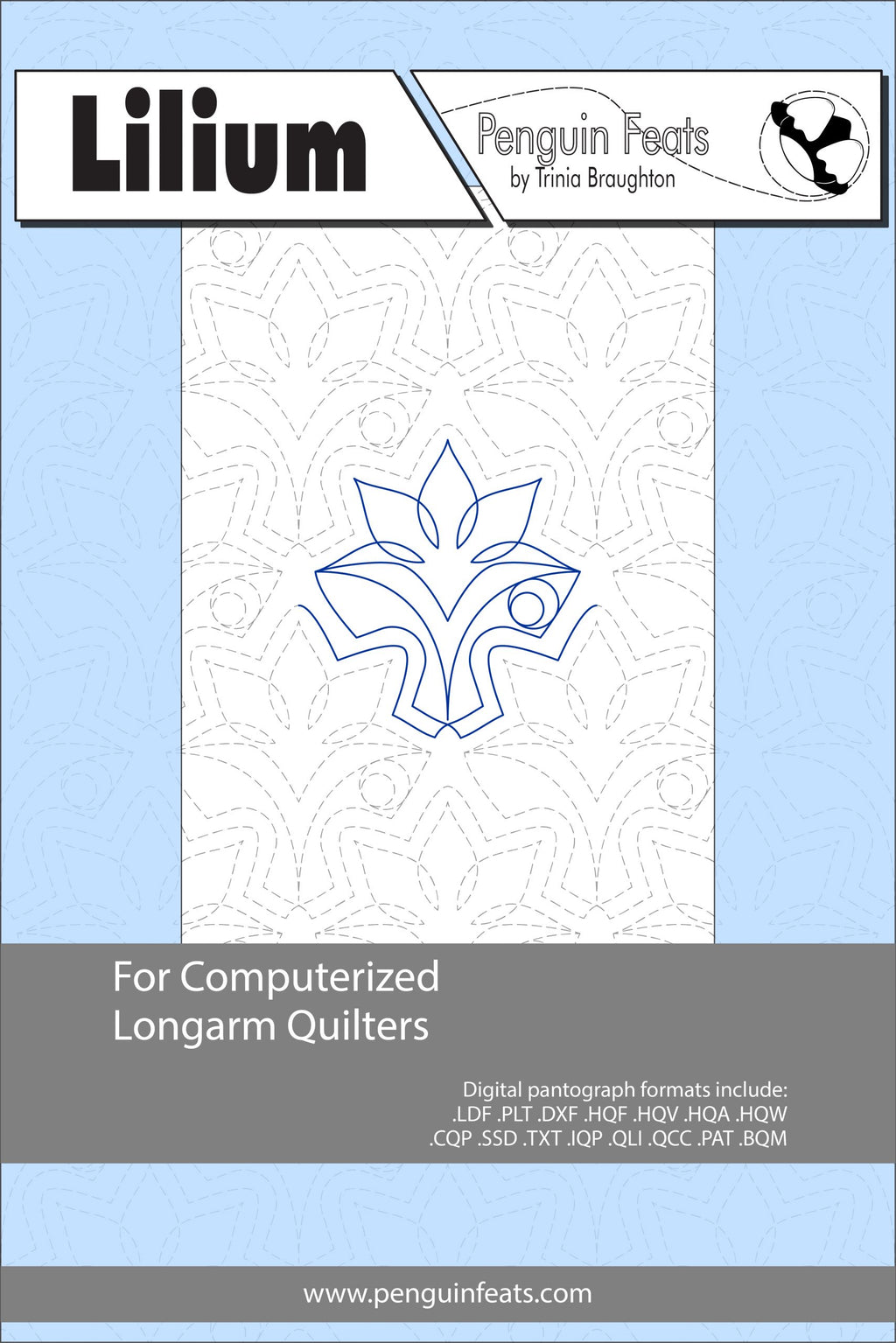 Design sheet for computerized longarm quilters with a blue and gray color scheme.