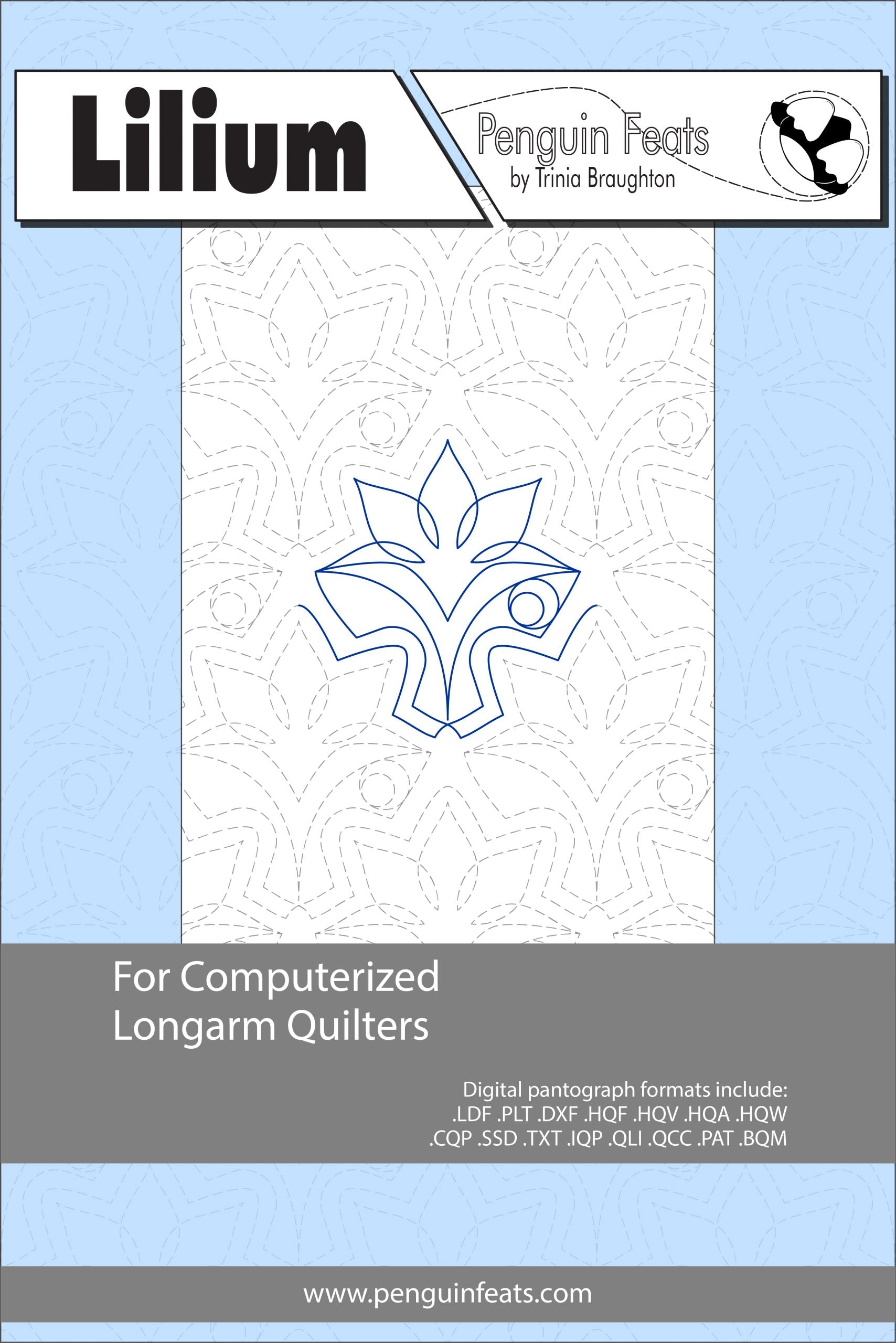 Design sheet for computerized longarm quilters with a blue and gray color scheme.