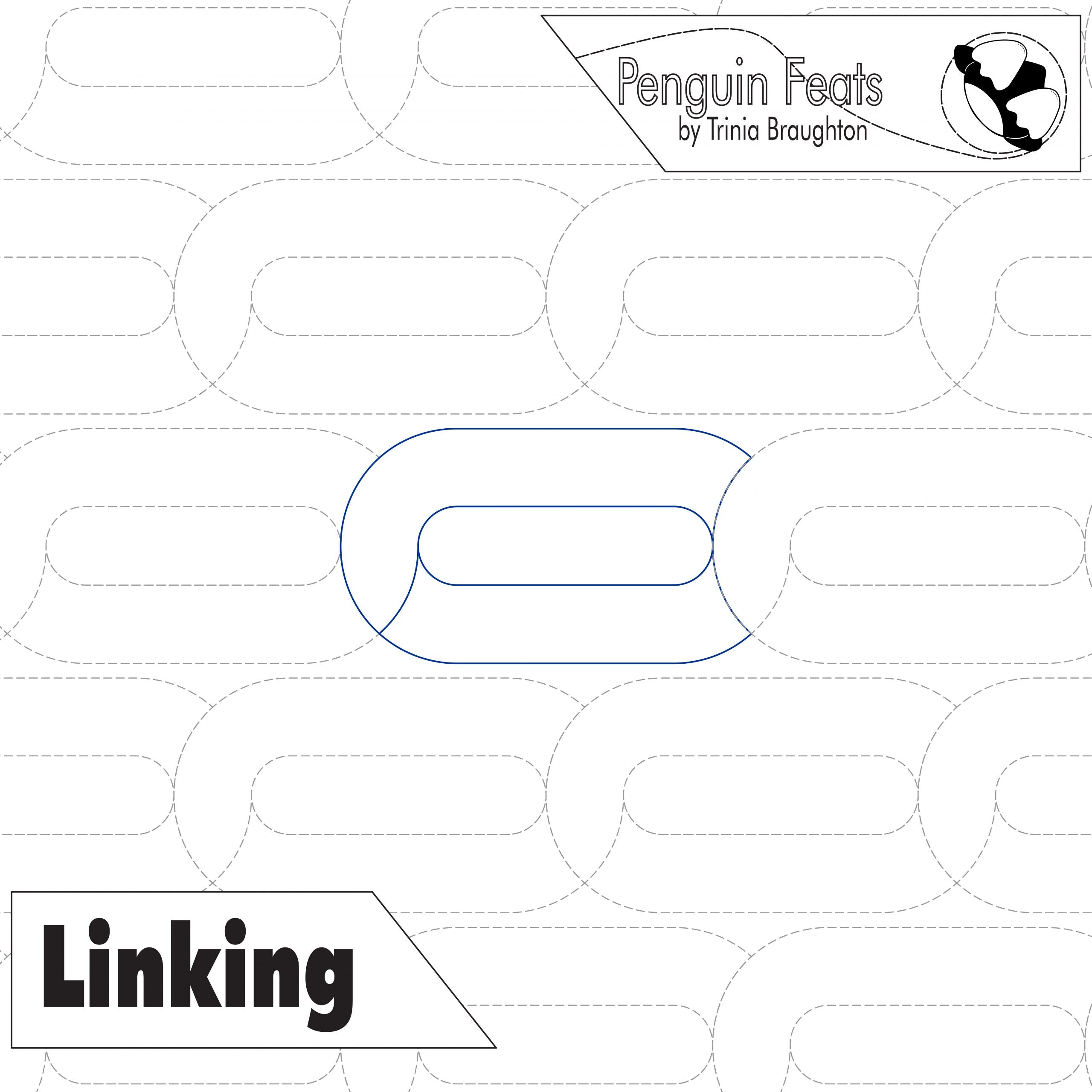 Continuous line design of chain links with 'Penguin Feats' branding and 'Linking' text.