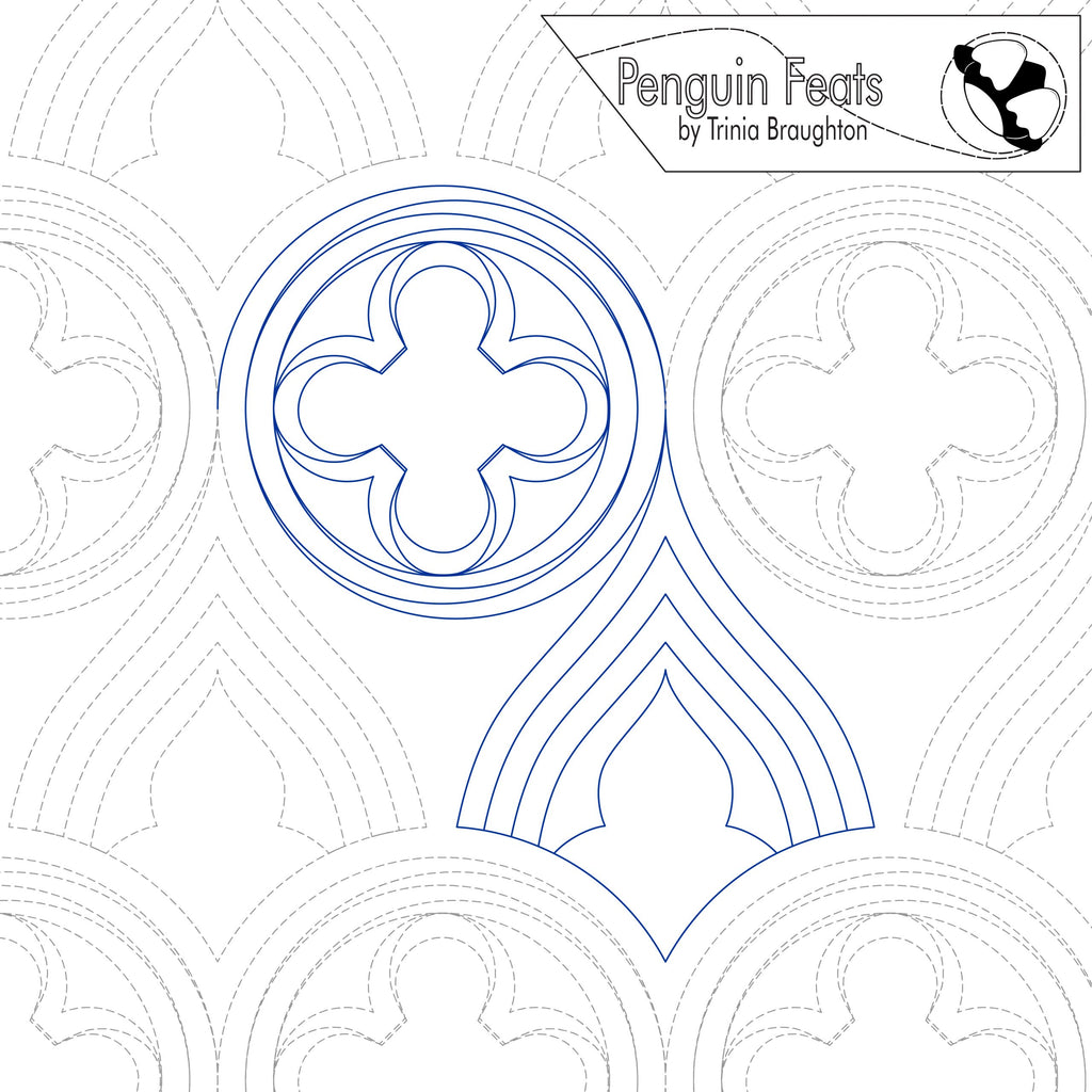 Quilting pantograph with geometric patterns and 'Penguin Feats' branding.