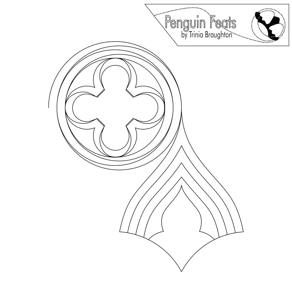 Decorative design with geometric patterns on a white background, featuring the 'Penguin Feats' logo.