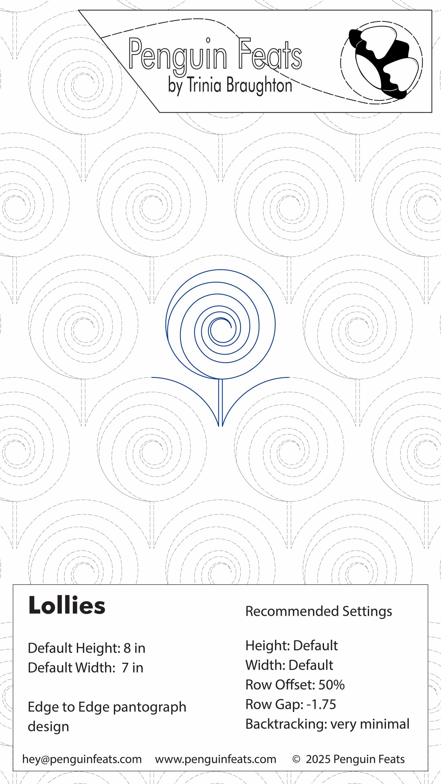 Design sheet for 'Lollies' with recommended settings and branding information.