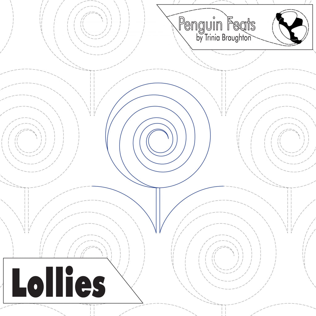 Continuous line design of lollipops with concentric circles and text 'Penguin Feats by Trinia Braughton' and 'Lollies'.