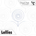 Continuous line design of lollipops with concentric circles and text 'Penguin Feats by Trinia Braughton' and 'Lollies'.