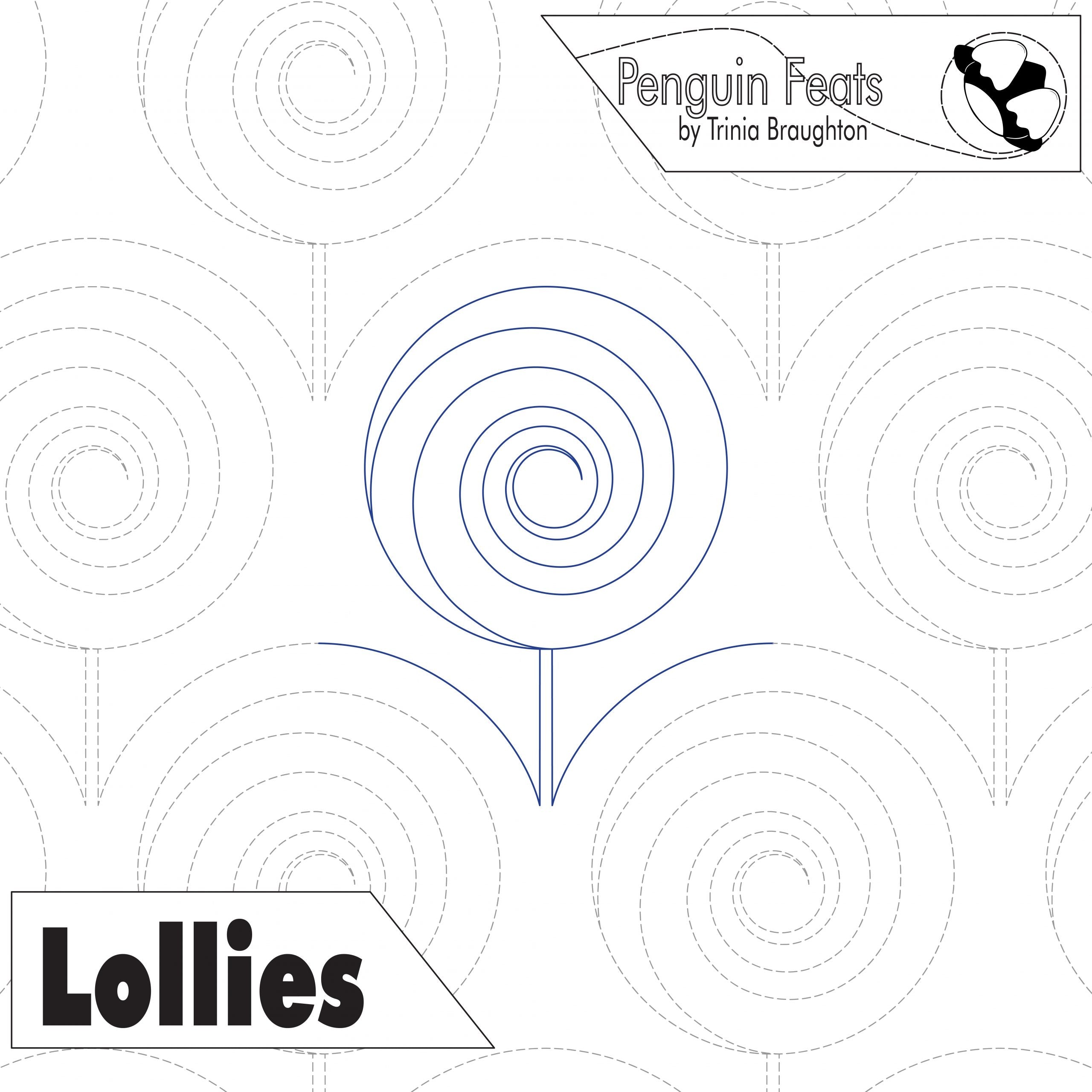 Continuous line design of lollipops with concentric circles and text 'Penguin Feats by Trinia Braughton' and 'Lollies'.