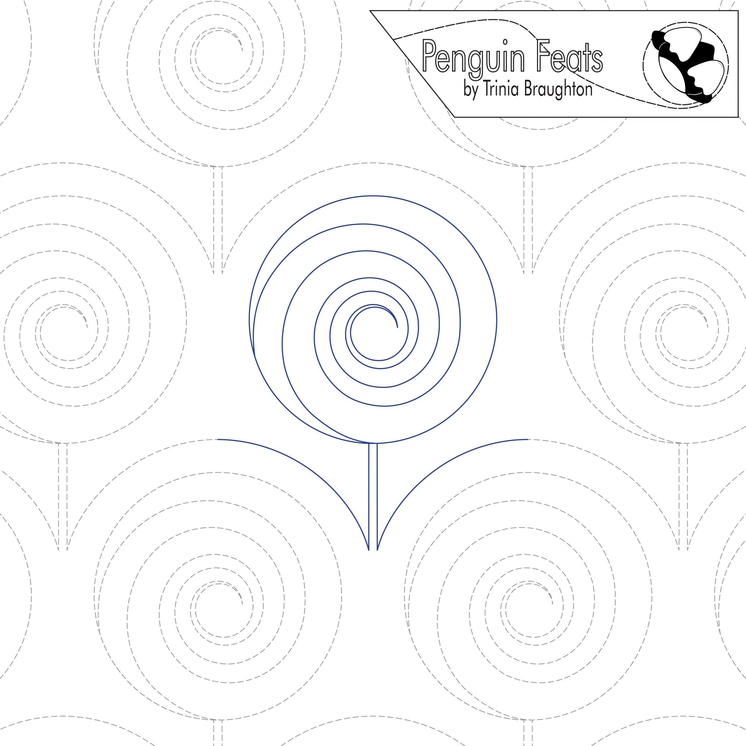 Pattern of concentric circles with 'Penguin Feats' branding at the top.