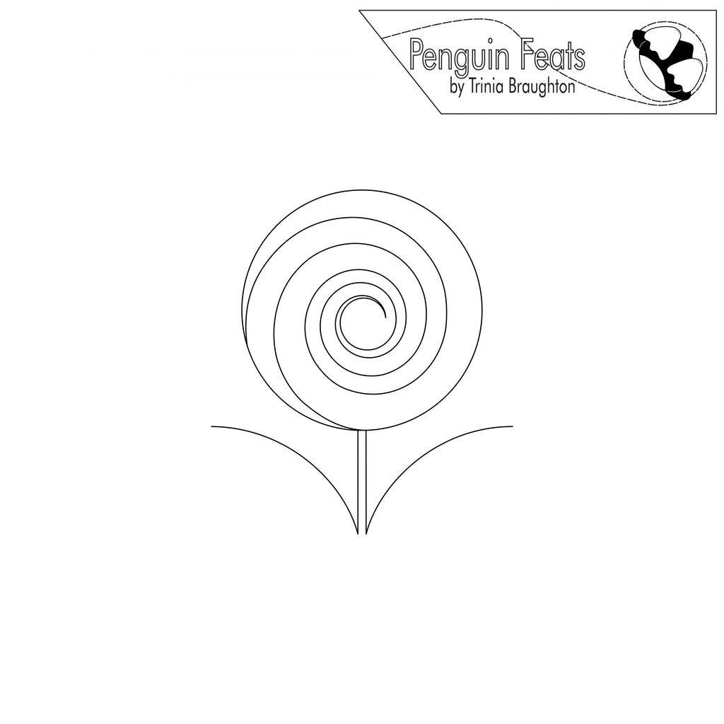 Black continuous line drawing of a lollipop with 'Penguin Feats by Trinia Braughton' logo above.