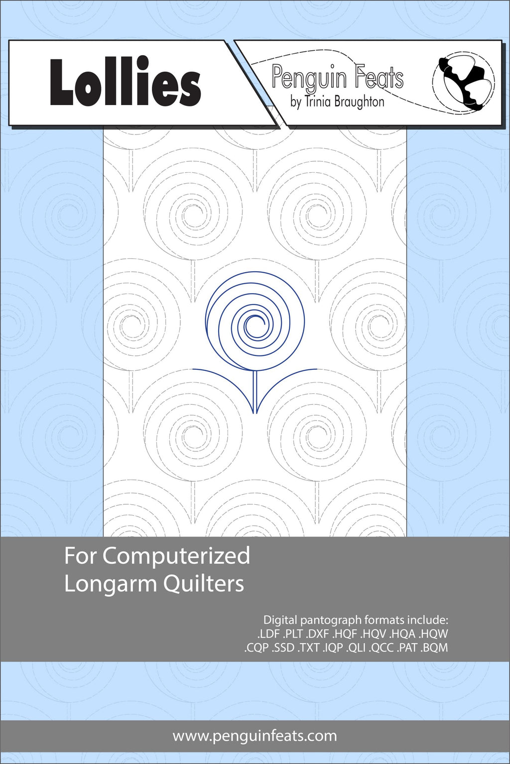 Pattern sheet for computerized longarm quilters with a blue and gray design on a light blue background.
