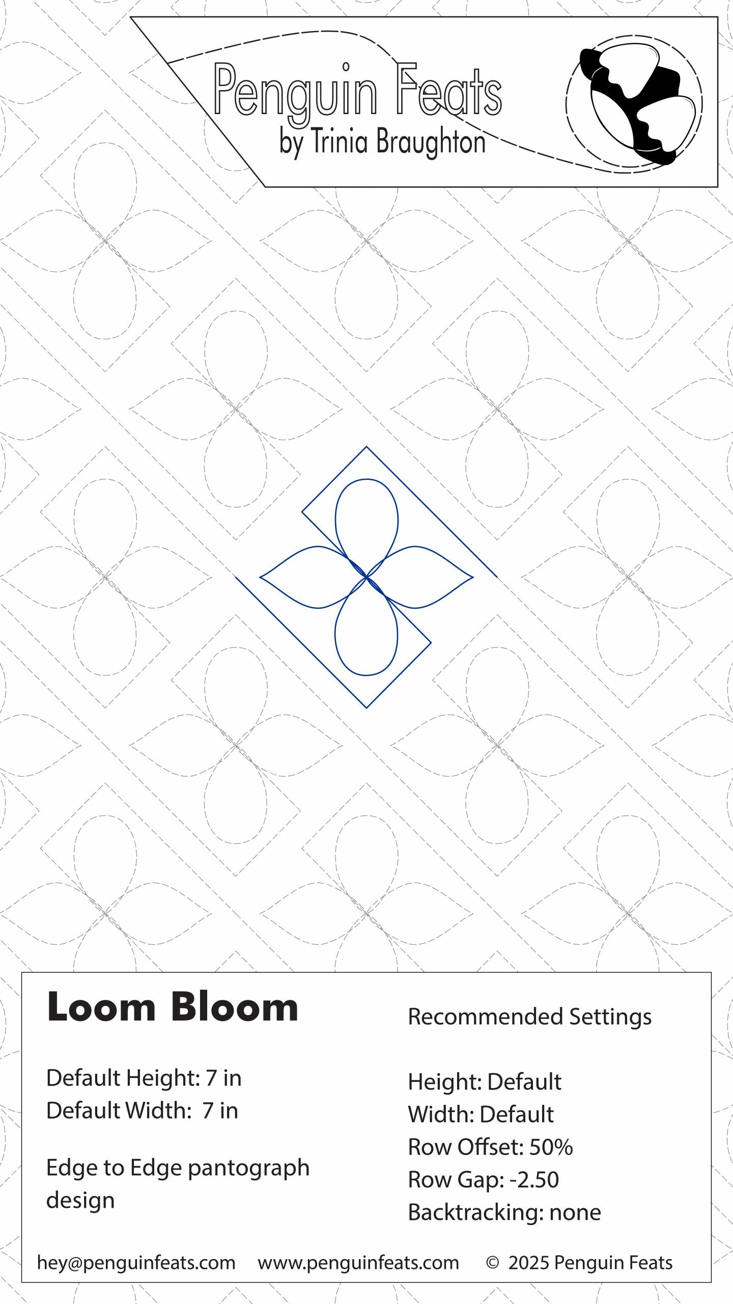 Design pattern for 'Loom Bloom' with recommended settings on a white background