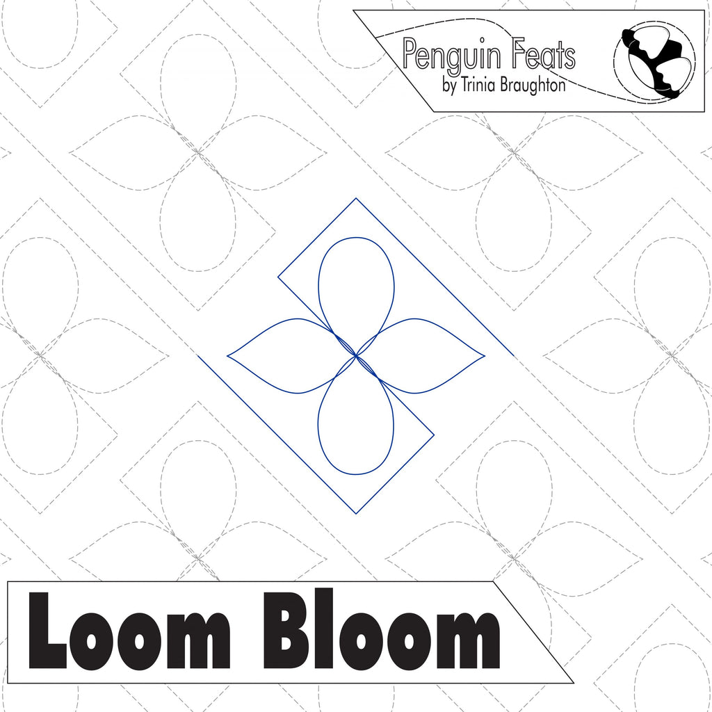 Quilting design with geometric pattern and 'Loom Bloom' branding.