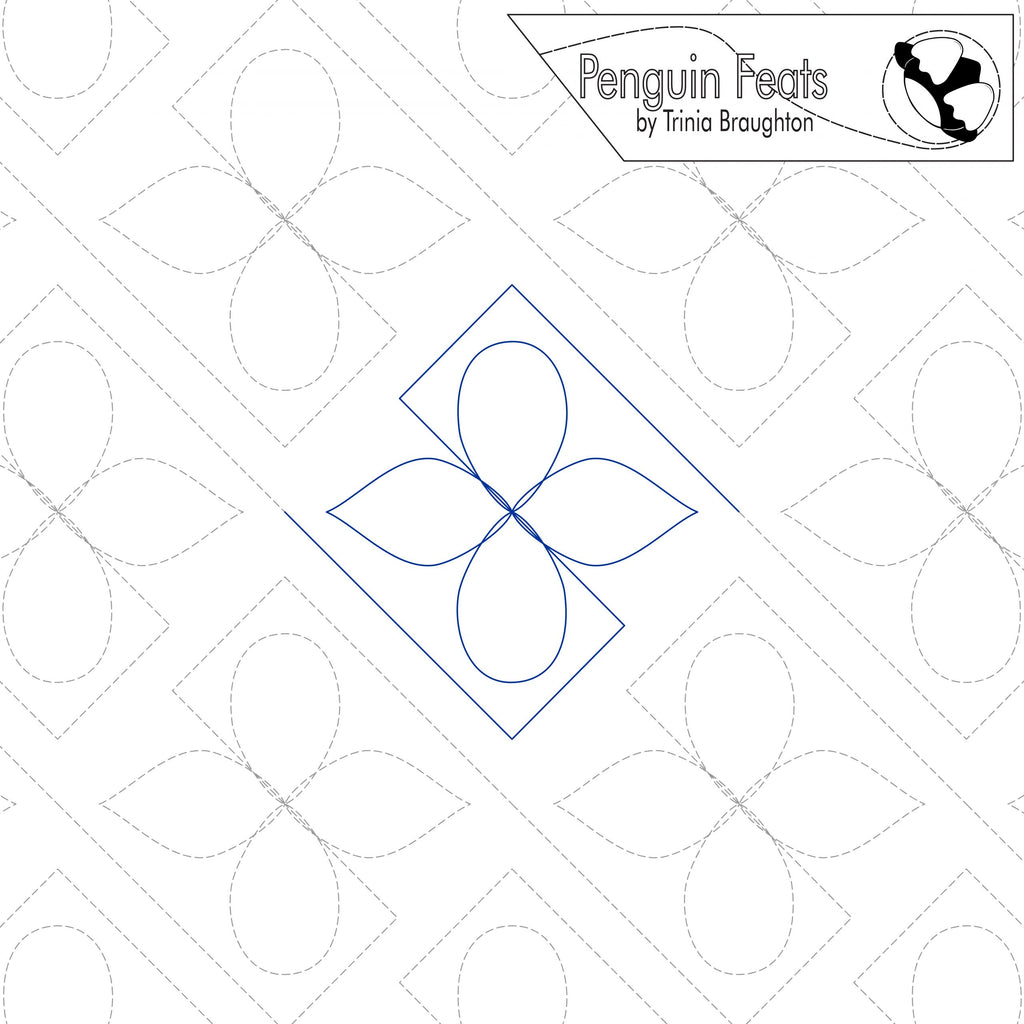 Continuous line in blue with geometric design on a white background, featuring the brand 'Penguin Feats' by Trinia Braughton.