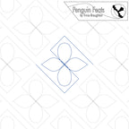 Continuous line in blue with geometric design on a white background, featuring the brand 'Penguin Feats' by Trinia Braughton.