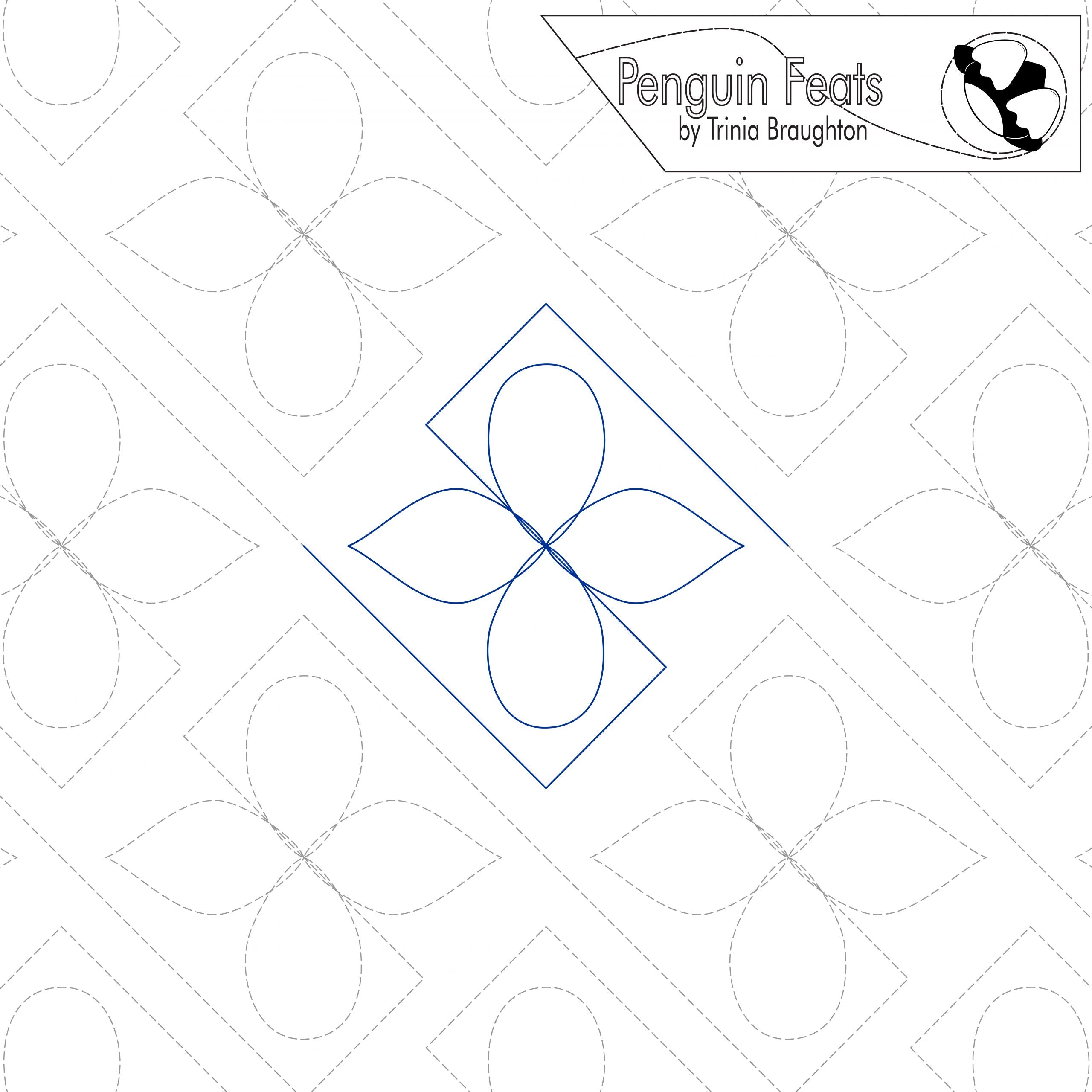 Continuous line in blue with geometric design on a white background, featuring the brand 'Penguin Feats' by Trinia Braughton.