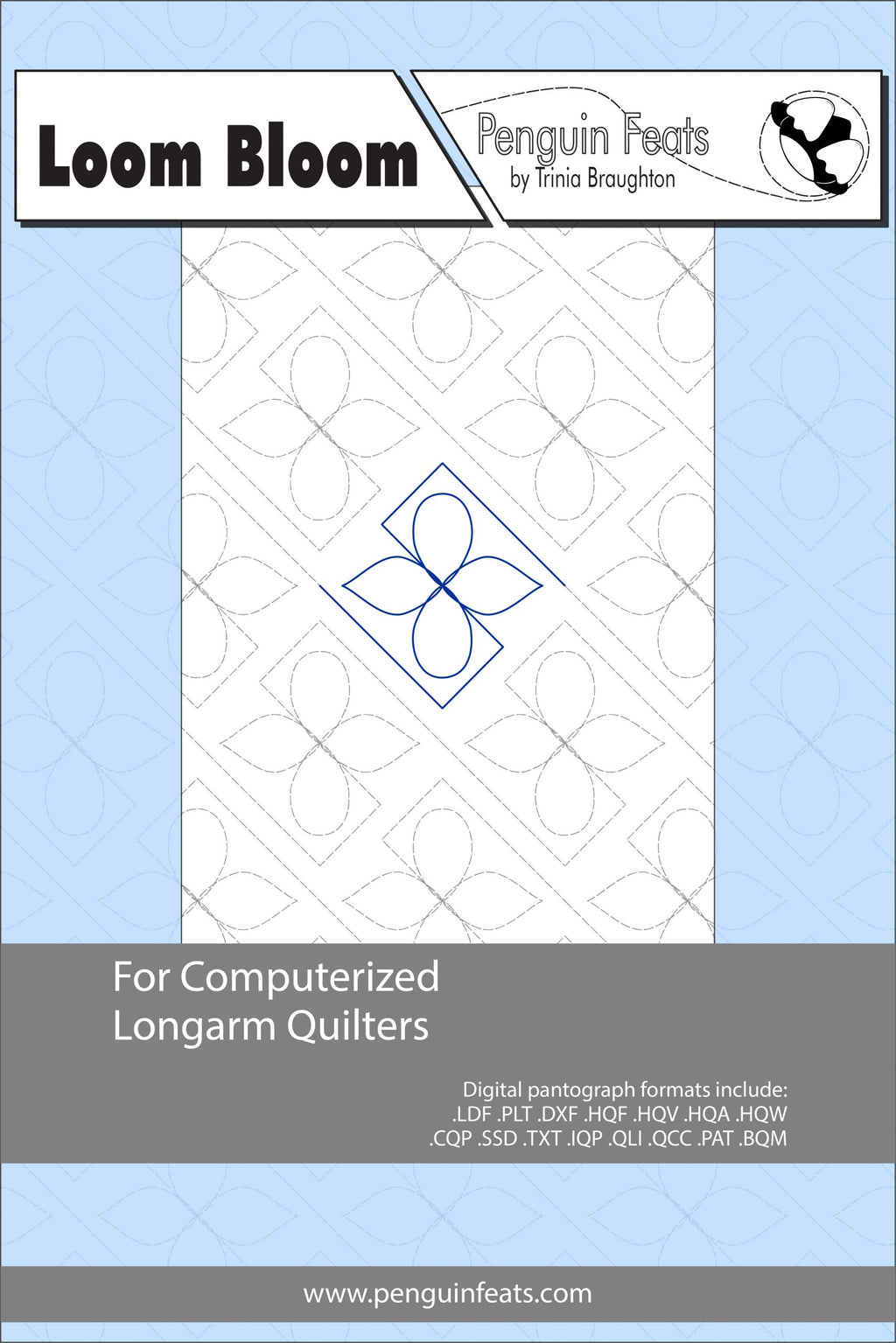 Pattern sheet for computerized longarm quilters with a blue and white design on a light blue background.
