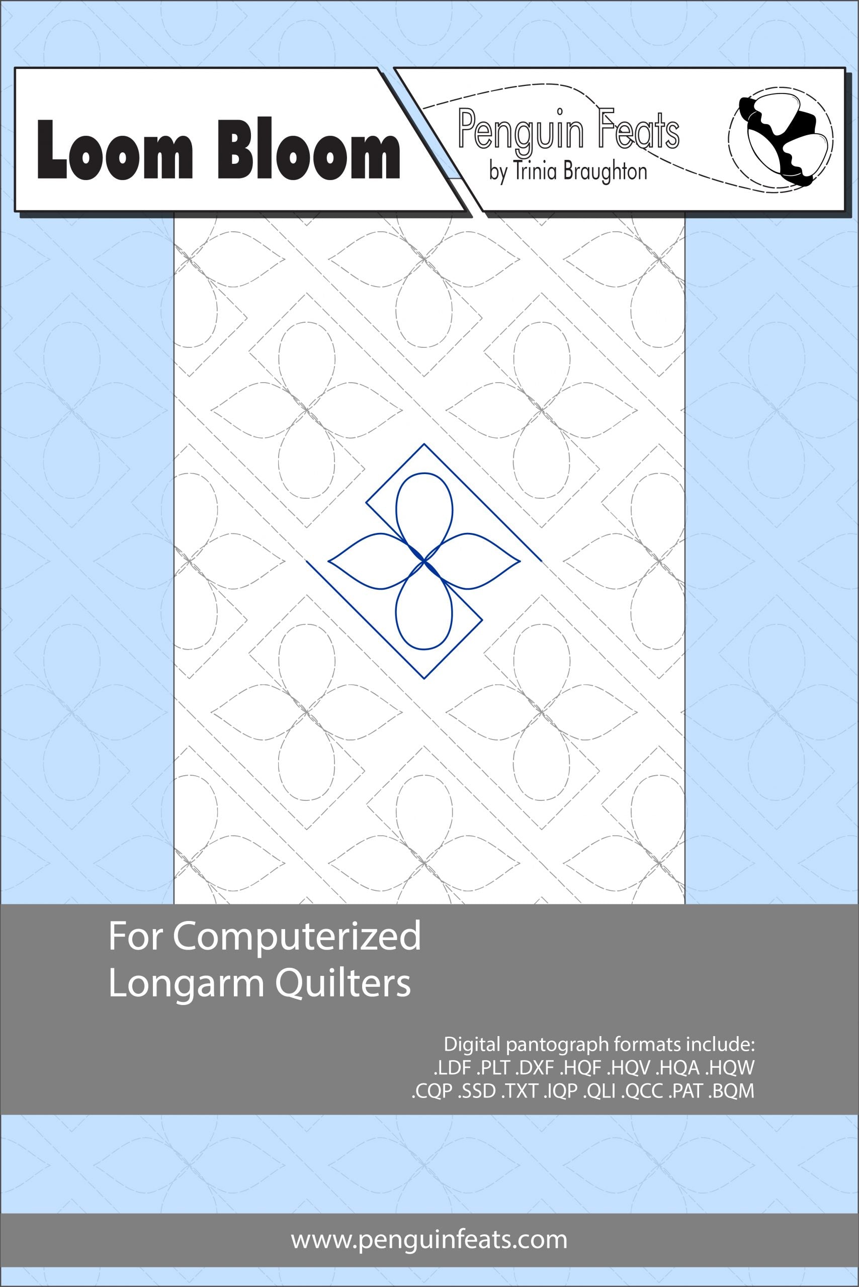 Pattern sheet for computerized longarm quilters with a blue and white design on a light blue background.