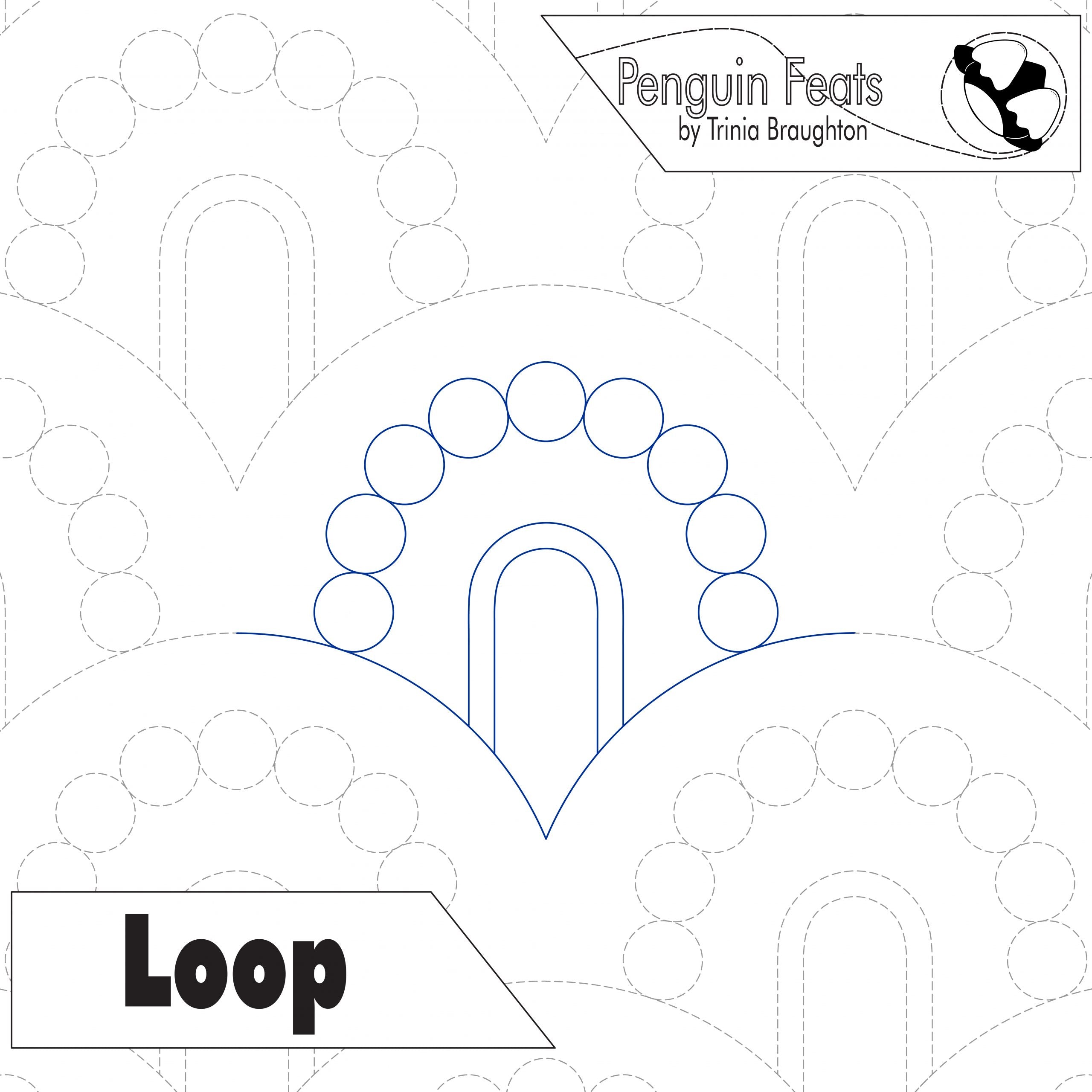 Quilting design with 'Loop' pattern and 'Penguin Feats' branding.