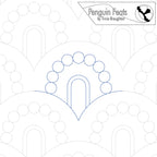 Quilting design with circular patterns and 'Penguin Feats' branding.