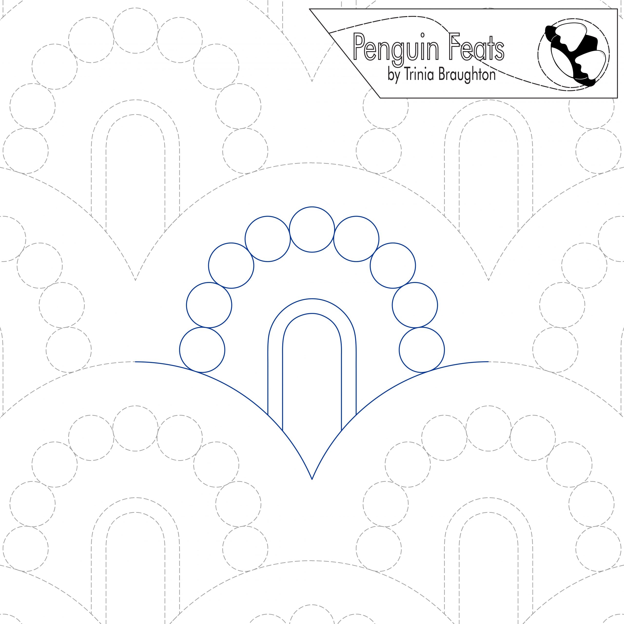 Quilting design with circular patterns and 'Penguin Feats' branding.