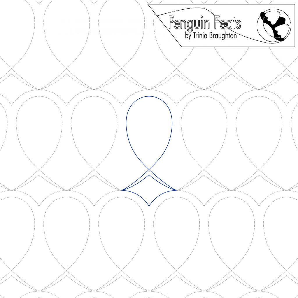 Pattern design with blue curved line on a white background, featuring 'Penguin Feats' by Trinia Braughton.