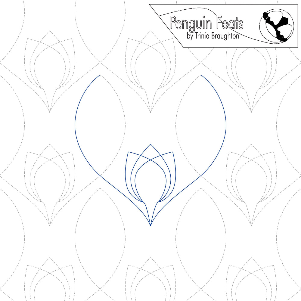 Design loop shapes with tulip center and 'Penguin Feats' branding on a white background