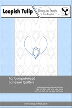 Pattern sheet for computerized longarm quilters with a blue tulip design on a light blue background.