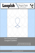Quilting pattern sheet titled 'Loopish' by Penguin Feats on a light blue background.