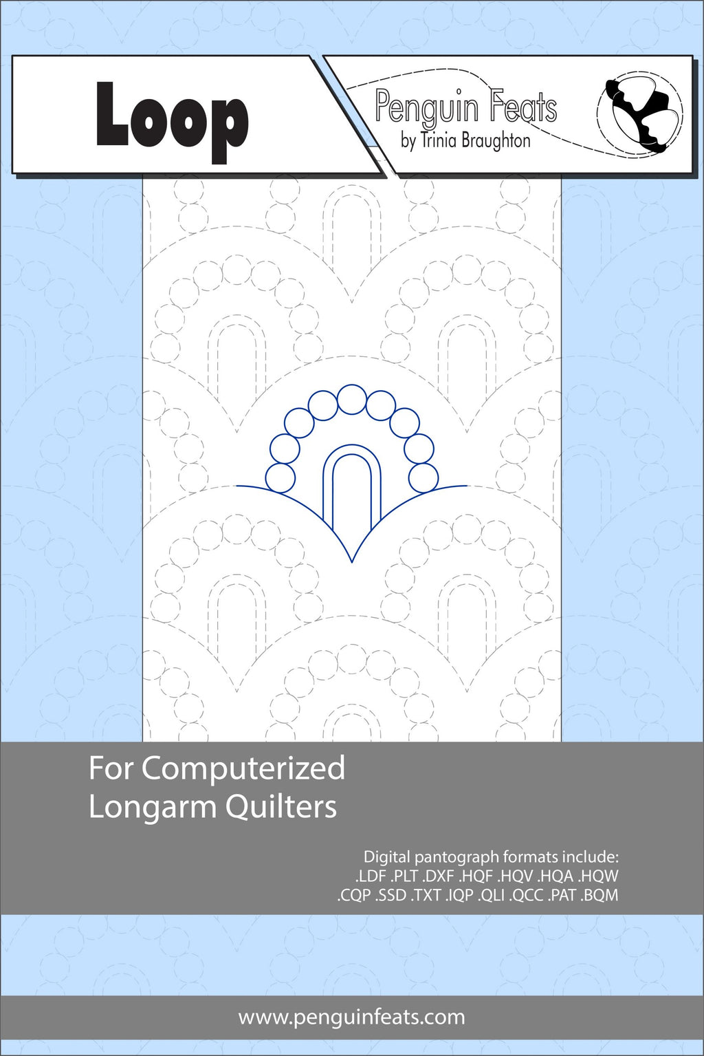 Design for computerized longarm quilters with a blue and gray border on a light blue background.