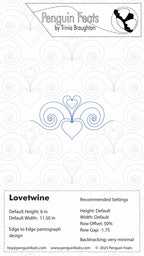 Design card for 'Lovetwine' pattern by Trinia Braughton with decorative elements and text.