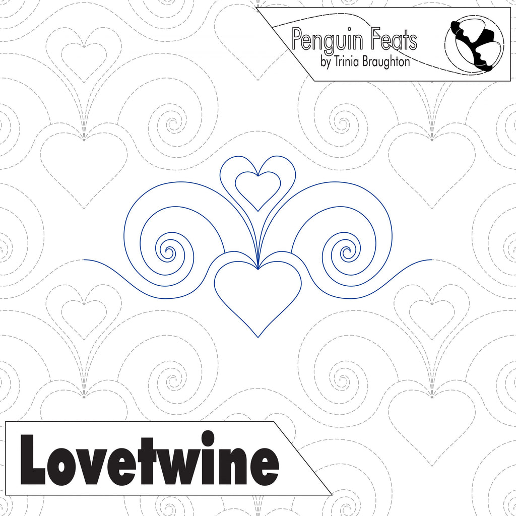 Design with heart and swirl patterns and 'Penguin Feats' branding on a white background