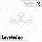 Design with heart and swirl patterns and 'Penguin Feats' branding on a white background