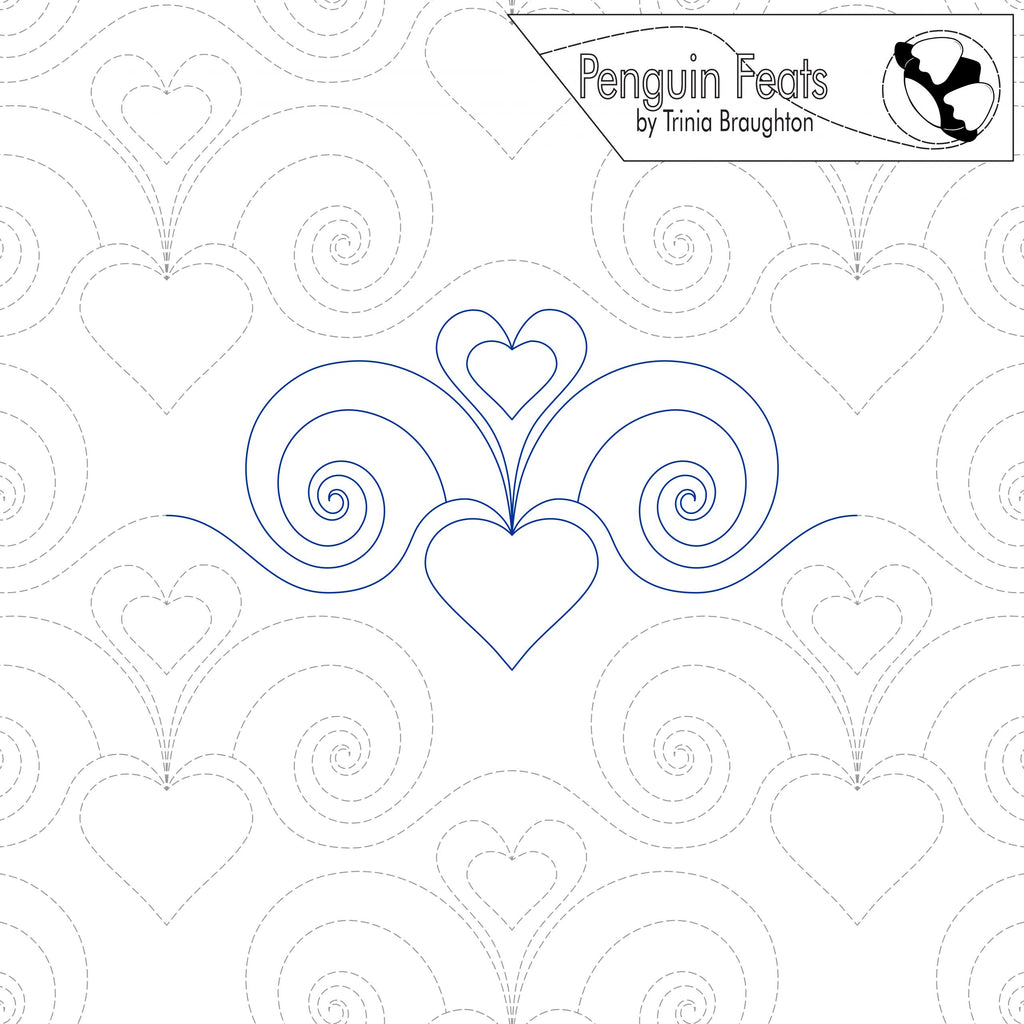 Design of hearts and swirls with 'Penguin Feats' branding at the top.