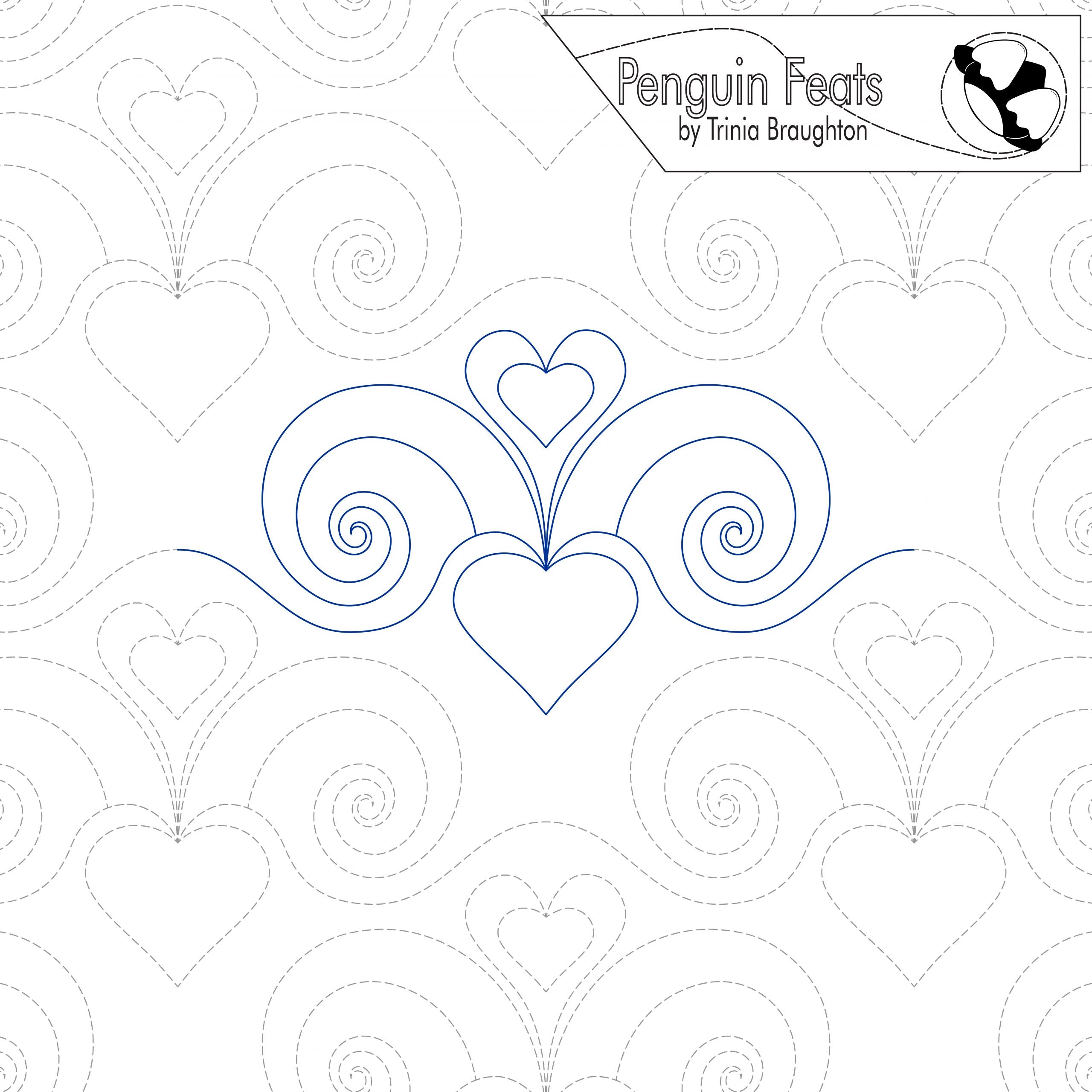 Design of hearts and swirls with 'Penguin Feats' branding at the top.