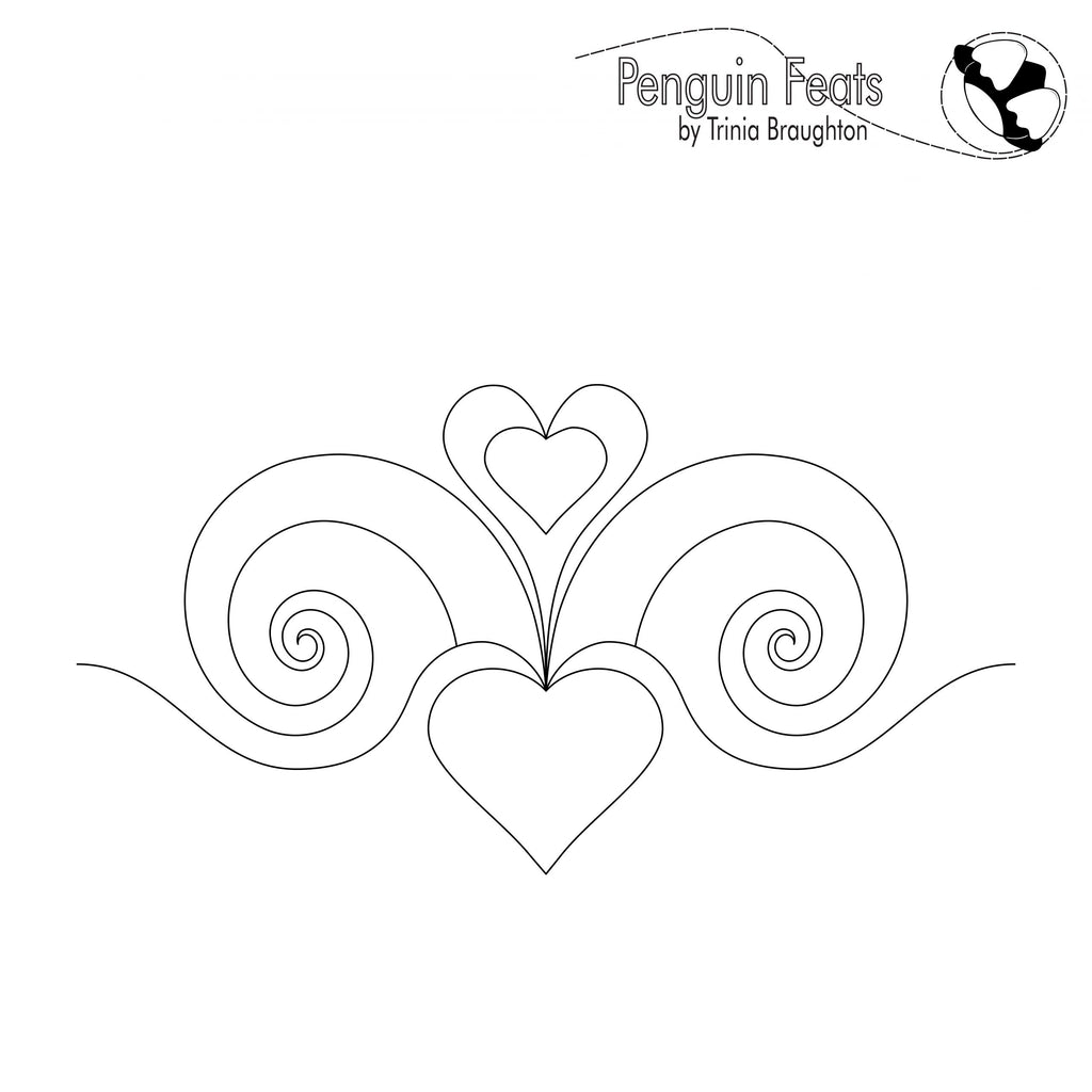 Decorative design with hearts and swirls on a white background, featuring the 'Penguin Feats' logo.