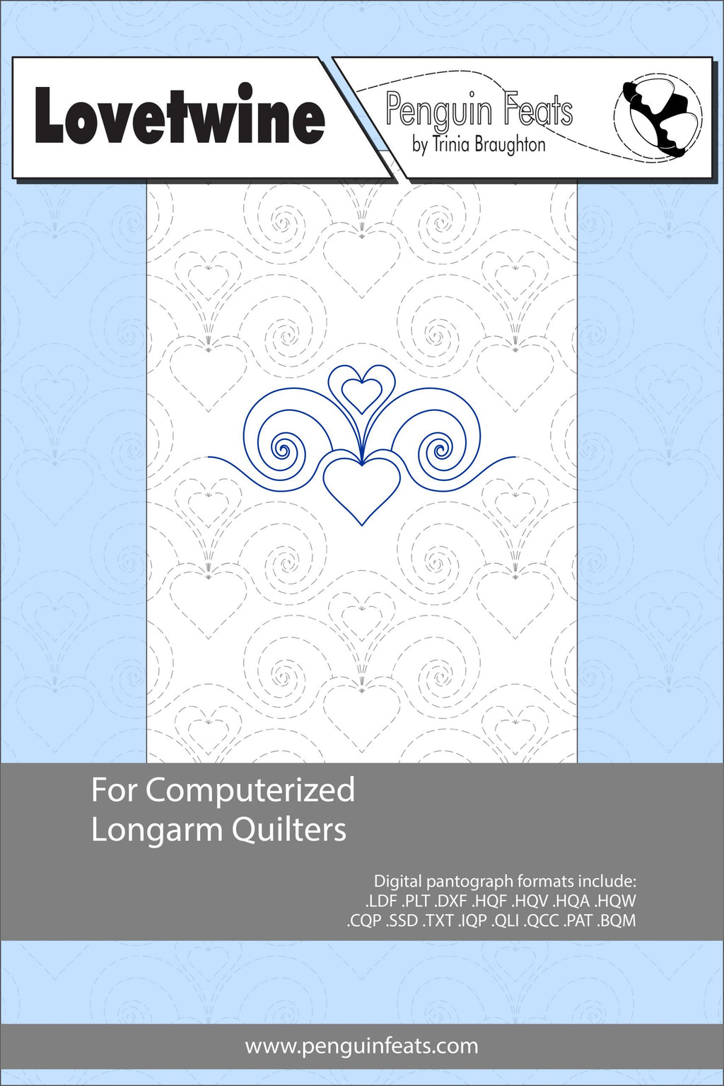 Design pattern for computerized longarm quilters with heart and swirl pattern on a white background.