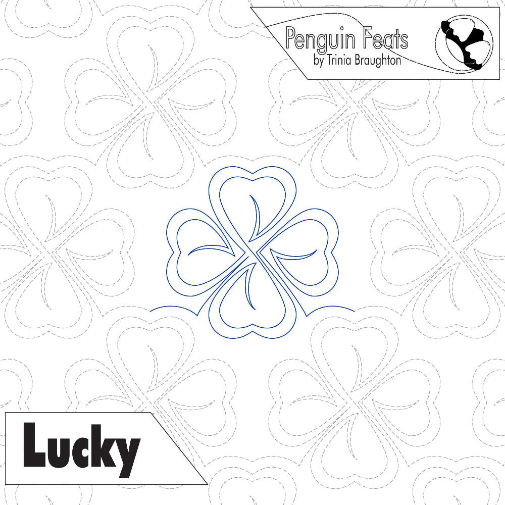 Quilting design with a four-leaf clover pattern and 'Penguin Feats' branding.