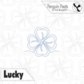Quilting design with a four-leaf clover pattern and 'Penguin Feats' branding.