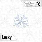 Quilting design with a four-leaf clover pattern and 'Penguin Feats' branding.