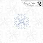 Quilting design with a central floral four leaf clover and 'Penguin Feats' branding.