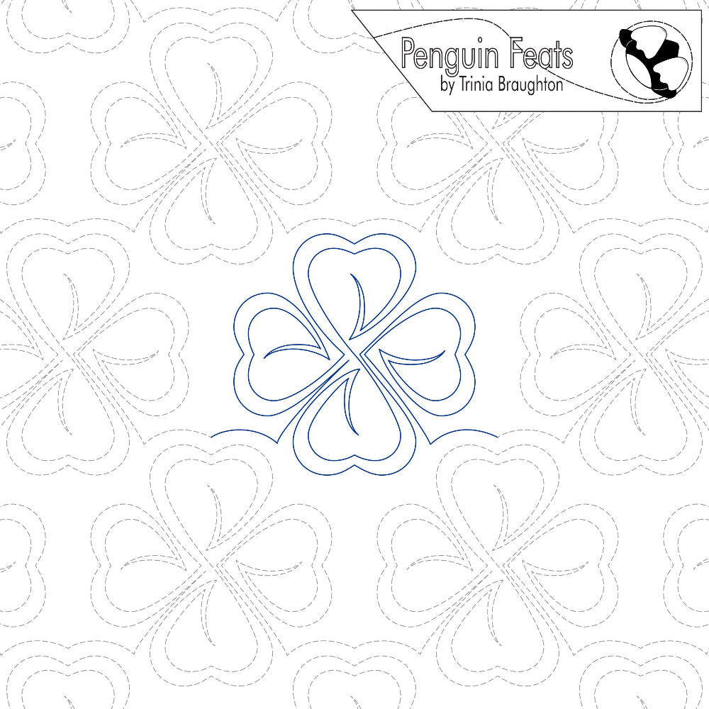 Quilting design with a central floral four leaf clover and 'Penguin Feats' branding.