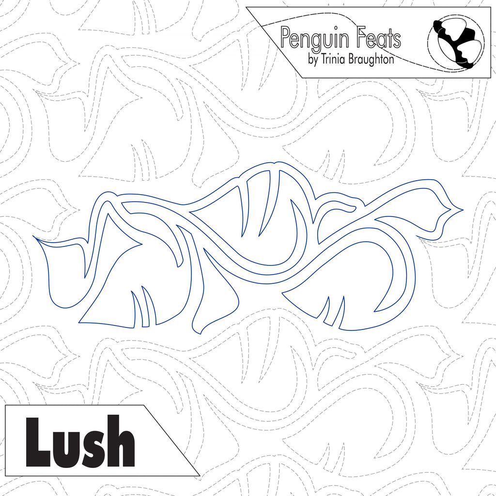 Outline of leaves with 'Penguin Feats' and 'Lush' text on a repeated pattern background