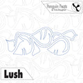 Outline of leaves with 'Penguin Feats' and 'Lush' text on a repeated pattern background
